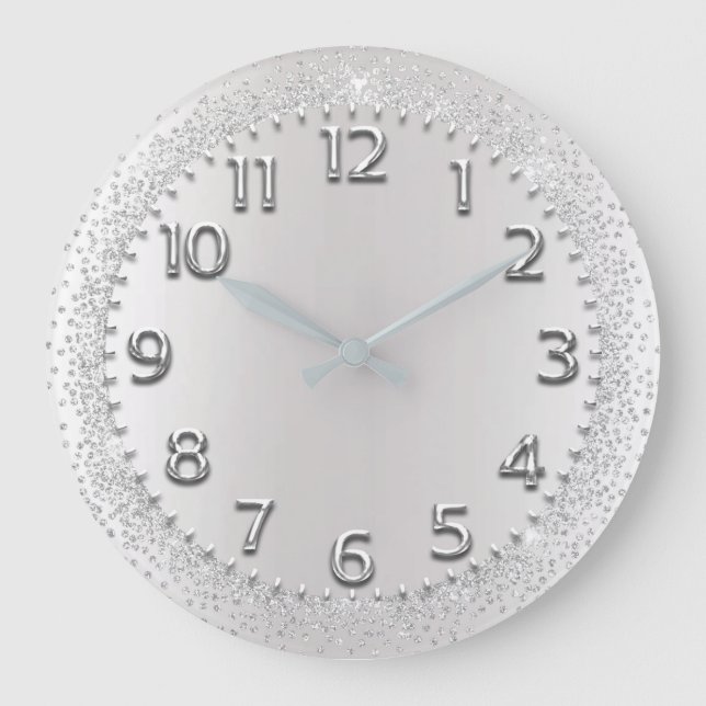 Silver Grey Crystals Glitter Arabic Numbers Large Clock (Front)