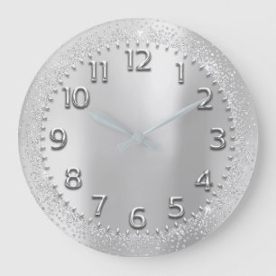 Silver Grey Crystals Glitter Arabic Numbers Metal Large Clock