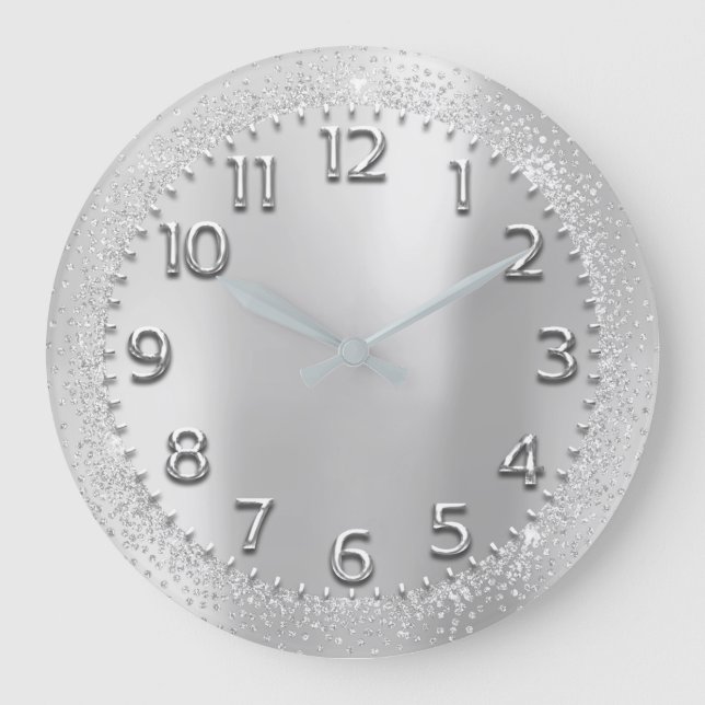 Silver Grey Crystals Glitter Arabic Numbers Metal Large Clock (Front)