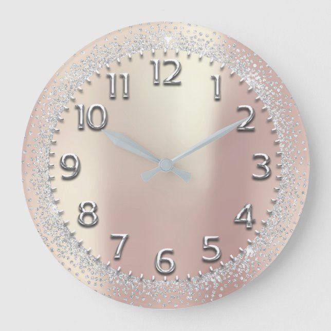 Silver Grey Crystals Glitter Arabic Numbers Rose Large Clock (Front)