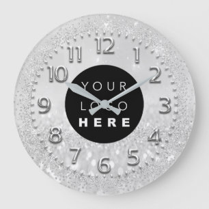 Silver Grey Crystals Glitter Spark Custom Logo Large Clock