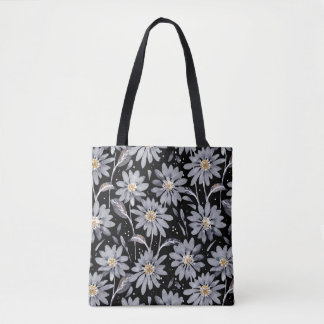 Silver Grey Daisies on Black Designer Tote Bag