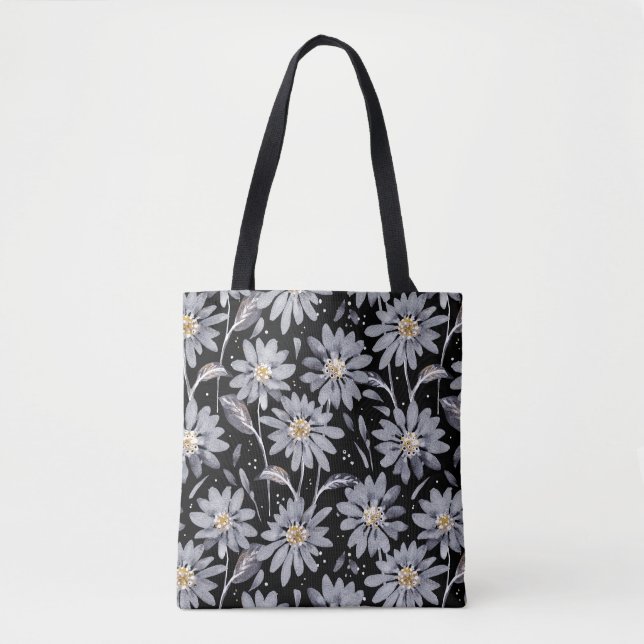 Silver Grey Daisies on Black Designer Tote Bag (Front)