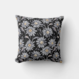 Silver Grey Daisies on Black Reversible Floral Cushion
