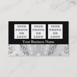 Silver grey damask and black company logo business card