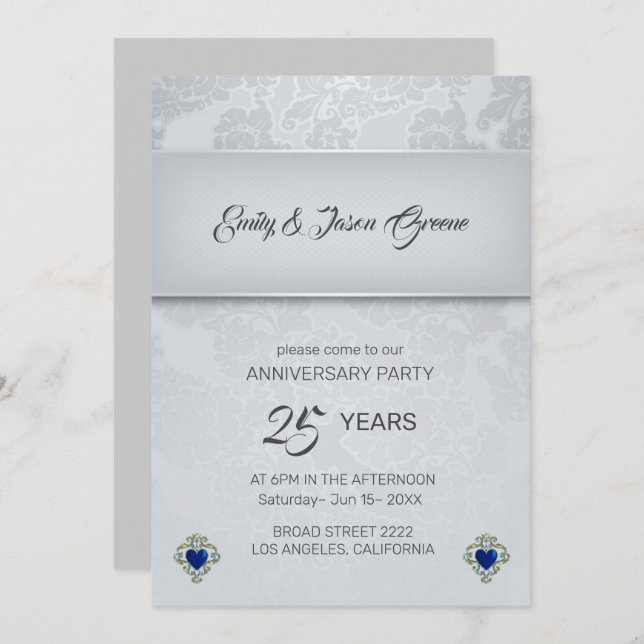 Silver Grey Damask And Blue Hearts Invitation (Front/Back)