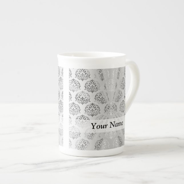 Silver grey damask pattern bone china mug (Front Right)