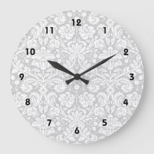 Silver grey damask pattern large clock