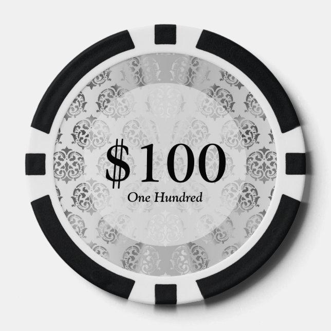 Silver grey damask pattern poker chips (Front)
