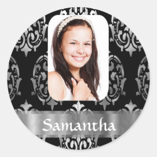 Silver grey damask personalised photo template classic round sticker