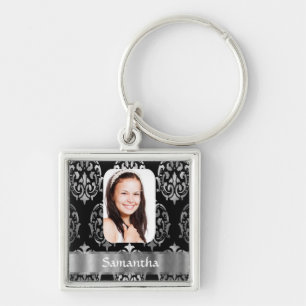 Silver grey damask personalised photo template key ring
