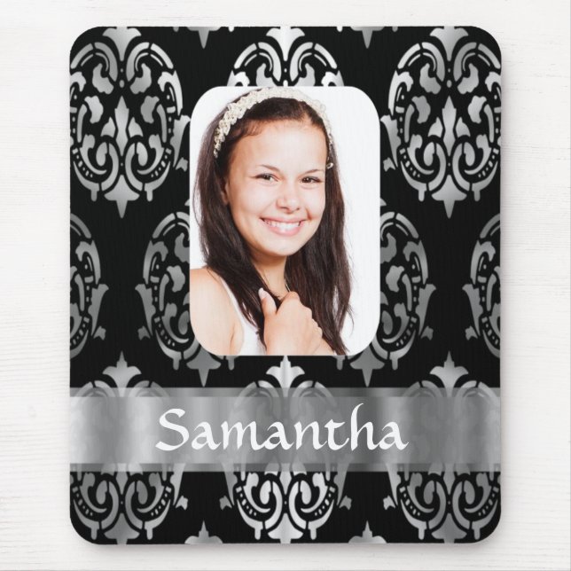 Silver grey damask personalised photo template mouse pad (Front)