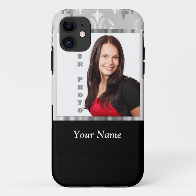 Silver grey damask photo template Case-Mate iPhone case (Back)