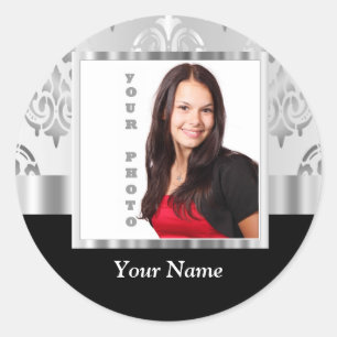 Silver grey damask photo template classic round sticker