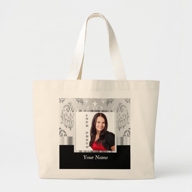 Silver grey damask photo template large tote bag (Front)