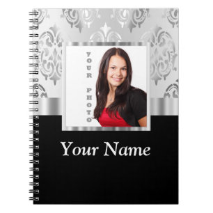 Silver grey damask photo template notebook