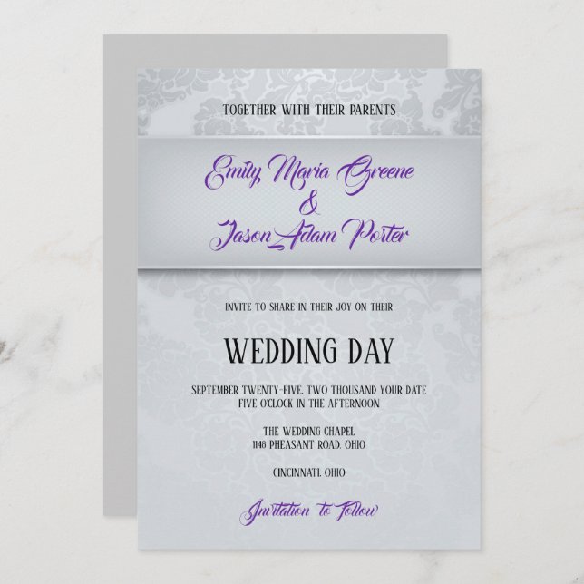 Silver Grey Damask Wedding Invitation (Front/Back)