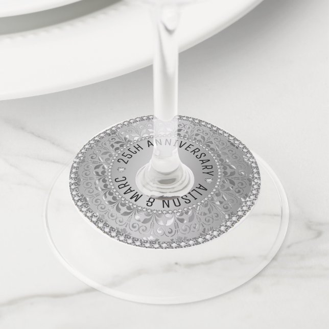 Silver Grey Damask Wine Glass Tag (Close Up)