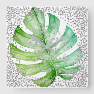 Silver Grey Diamond Crystals White Monstera Leaf Square Wall Clock
