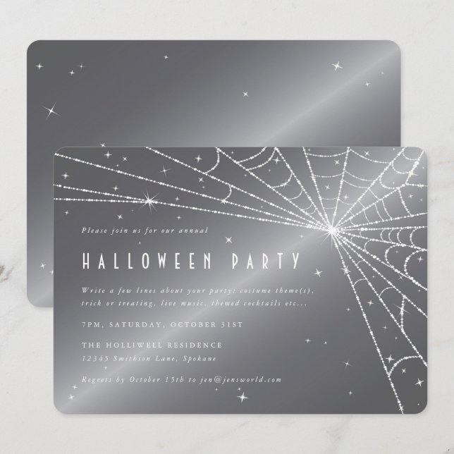 Silver-Grey Diamond Spider Web Halloween Party Invitation (Front/Back)