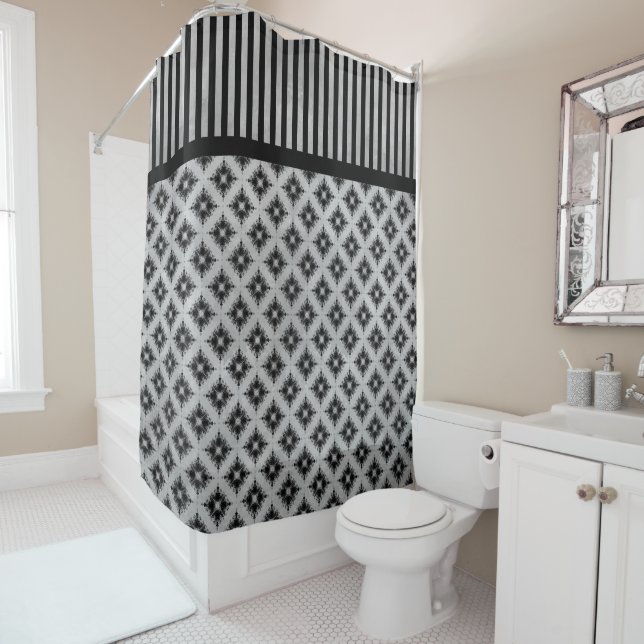 Silver Grey Diamonds and Stripes Pattern Shower Curtain (In Situ)