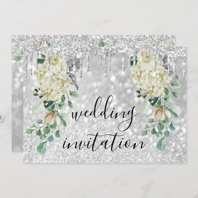 Silver Grey Drips Glitte Floral Mint Green Wedding Invitation (Front/Back)