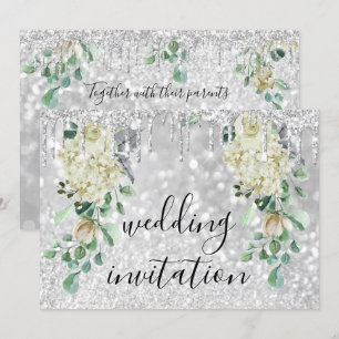 Silver Grey Drips Glitte Floral Mint Green Wedding Invitation