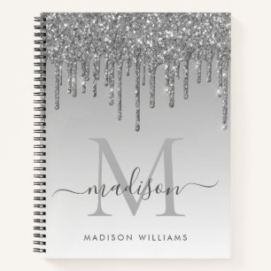 Silver Grey Drips Glitter Sparkle Monogram Script Notebook