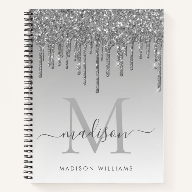 Silver Grey Drips Glitter Sparkle Monogram Script Notebook (Front)