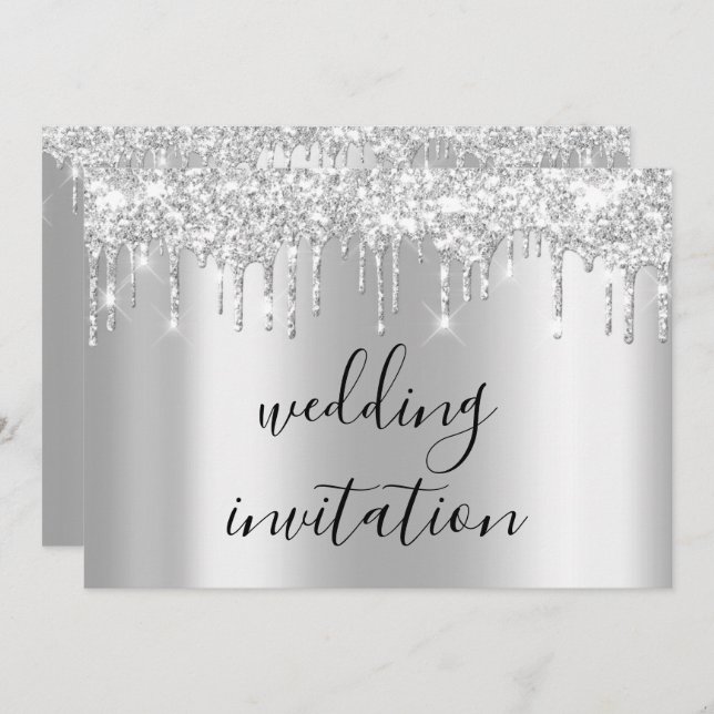 Silver Grey Drips Grey Black Spark Wedding Invitation (Front/Back)