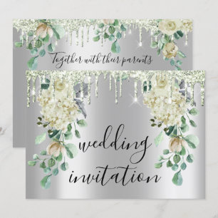 Silver Grey Drips Grey Floral Mint Green Wedding Invitation