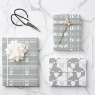 Silver Grey Eid Adha Mubarak Kaaba Sheep Pattern Wrapping Paper Sheet
