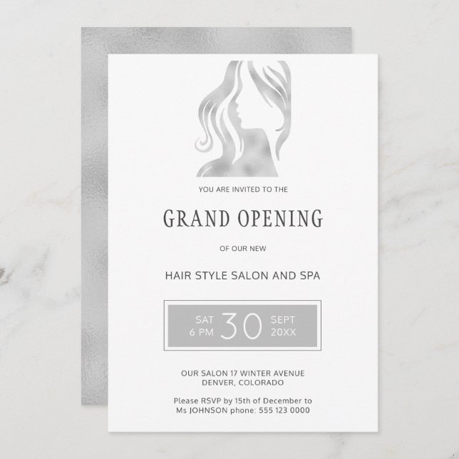 Silver grey elegant beauty salon grand opening invitation (Front/Back)