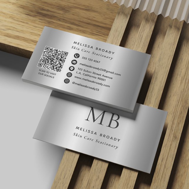 Silver Grey Faux Brushed Metallic Monogram Business Card (Creator Uploaded)