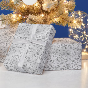 Silver Grey Faux Glitter Leopard Print Wrapping Paper