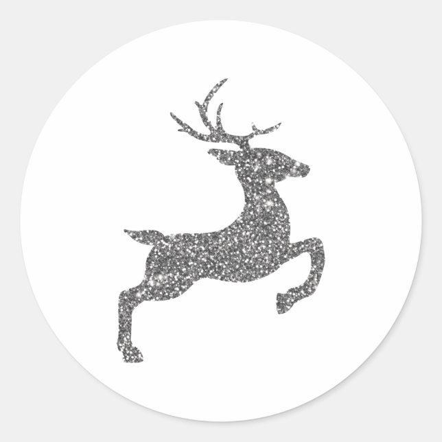 Silver Grey Faux Glitter Look Jumping Deer Shape Classic Round Sticker (Front)