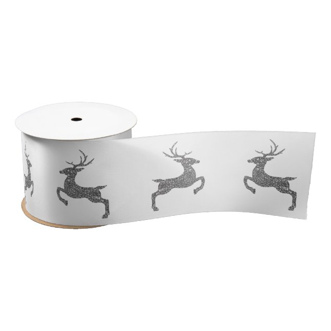 Silver Grey Faux Glitter Look Jumping Deer Shape Satin Ribbon (Spool)