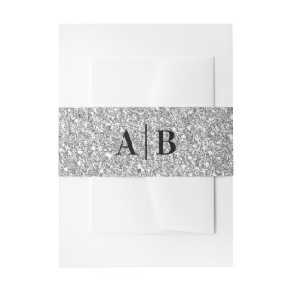 Silver Grey Faux Glitter Wedding Monogram Invitation Belly Band
