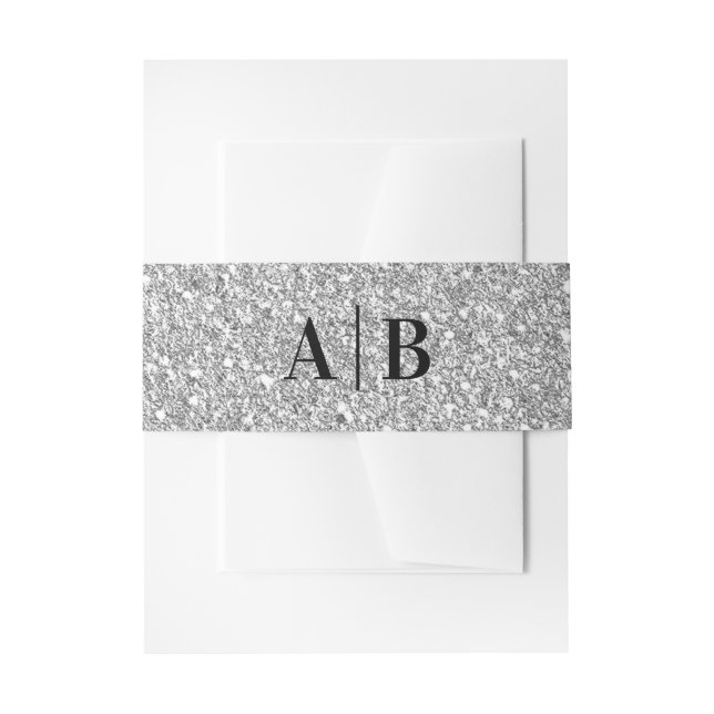 Silver Grey Faux Glitter Wedding Monogram Invitation Belly Band (Front Example)