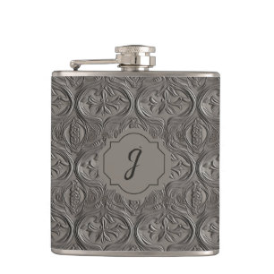 Silver Grey Faux Tooled Leather Vinyl  Hip Flask