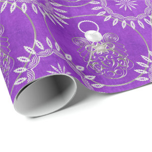 Silver Grey Filigree Christmas Angel of Peace Wrapping Paper