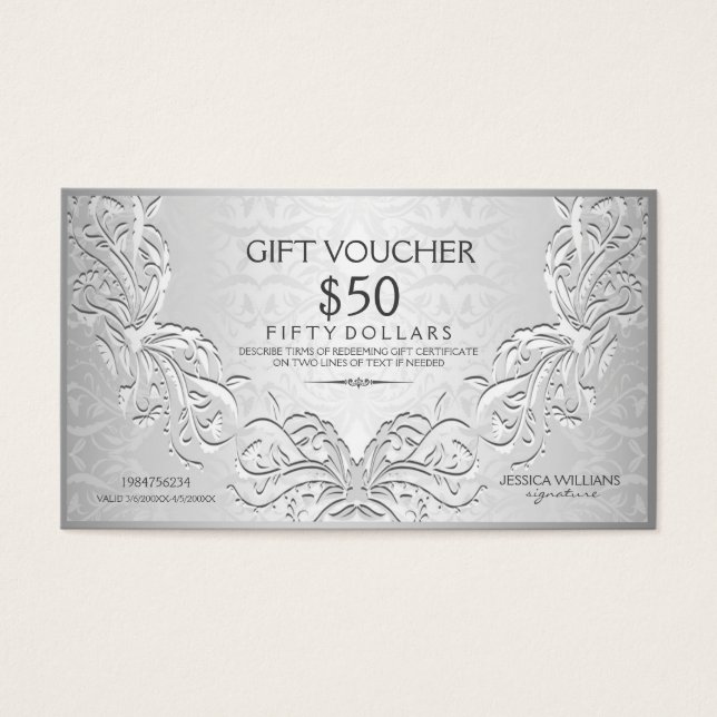 Silver Grey Floral Frame Gift Voucher (Front)
