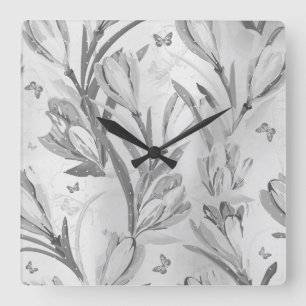 Silver Grey Floral Graden Monochromatic Butterfly Square Wall Clock