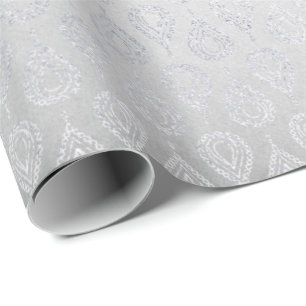 Silver Grey Floral Paisley Peacock Ornament Wrapping Paper