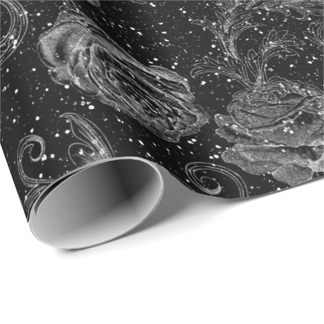 Silver Grey Floral Roses Black White Glitter Glam Wrapping Paper (Roll Corner)