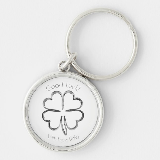 Silver Grey Four Leaf Clover Custom Text Good Luck Key Ring (Front)