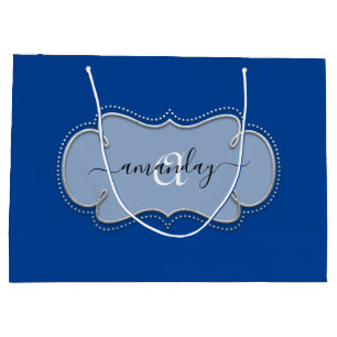 Silver Grey Framed Royal Monogram Name Blue Large Gift Bag