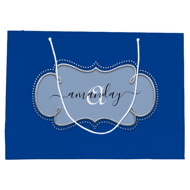Silver Grey Framed Royal Monogram Name Blue Large Gift Bag (Back)