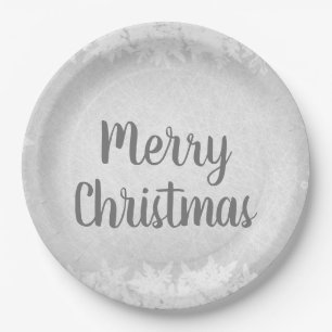 Silver Grey Frost Merry Christmas Paper Plate