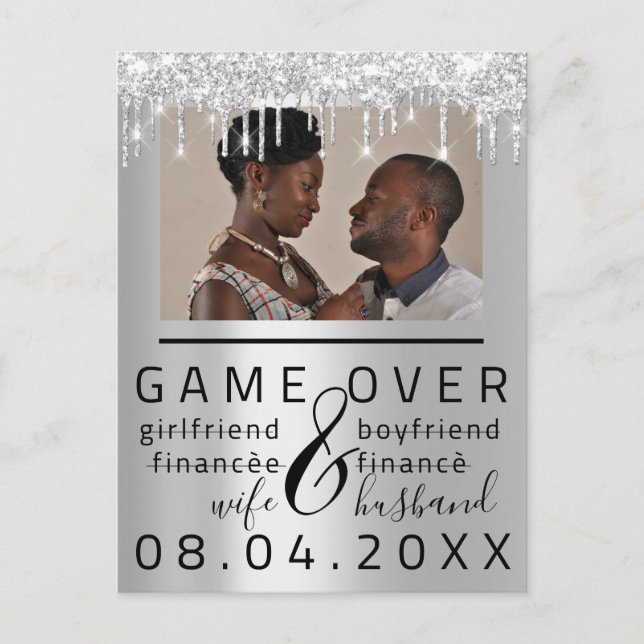 Silver Grey Funny Save The Date Couple Photo Postcard (Front)